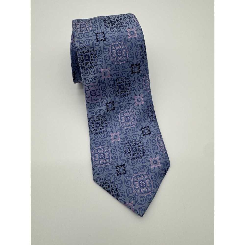 7 Fold Silk Tie Blue Pink Medallion Floral Pattern Handmade Luxury Unbranded Tie